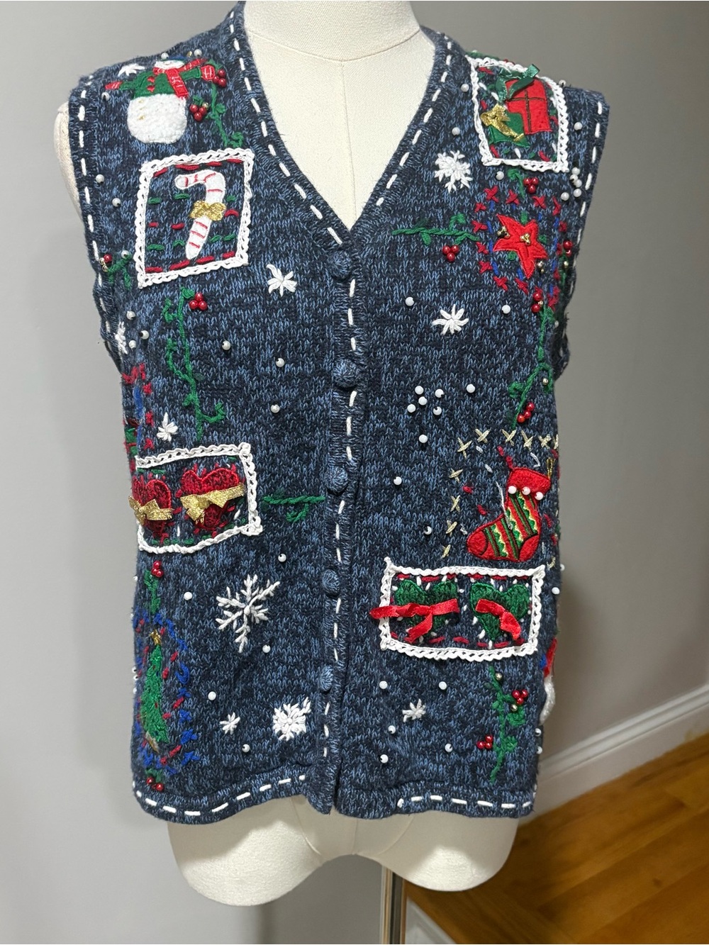 Vtg Erika Ugly Christmas Sweater Vest Womens Sz M‎ Blue Appliqué Embroidered